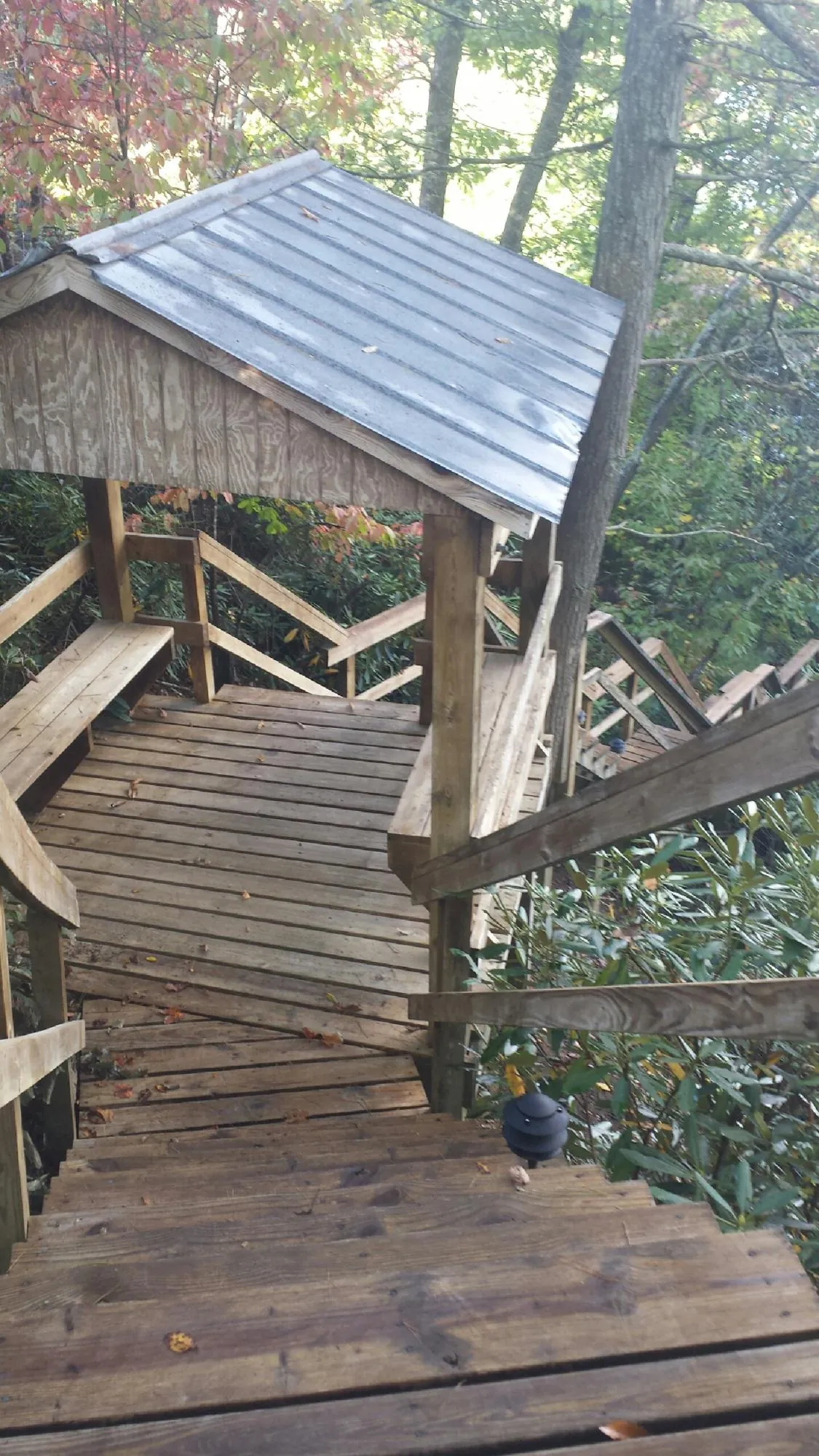 Metal roofed shelter over wooden steps on a wooded walkway — Skylight Repair & Installation work by our crew in Loves Park